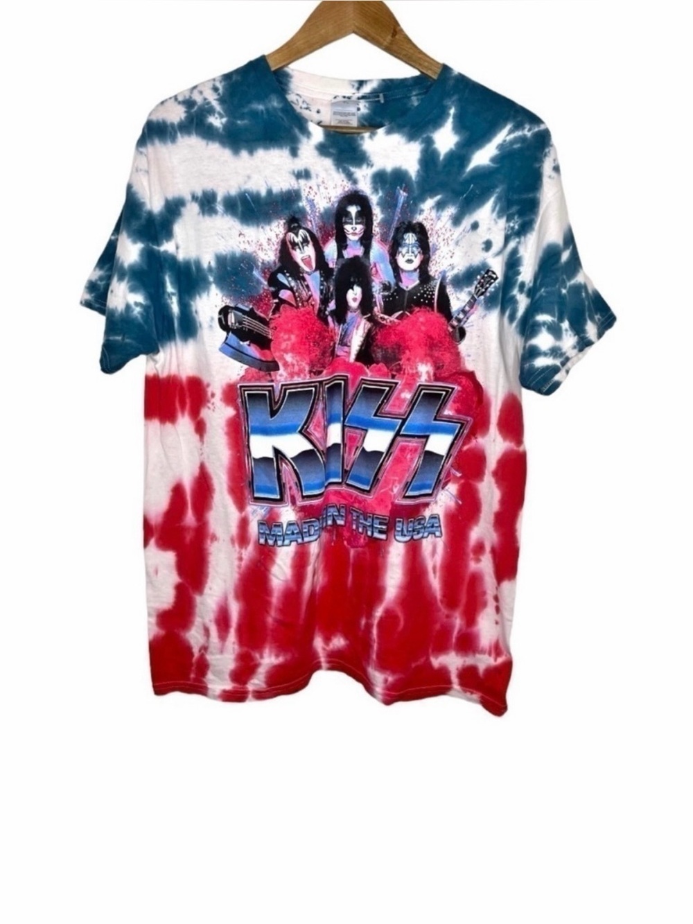 𝅺New KISS Made In The USA Tie Dye T-Shirt Red White Blue New NWOT